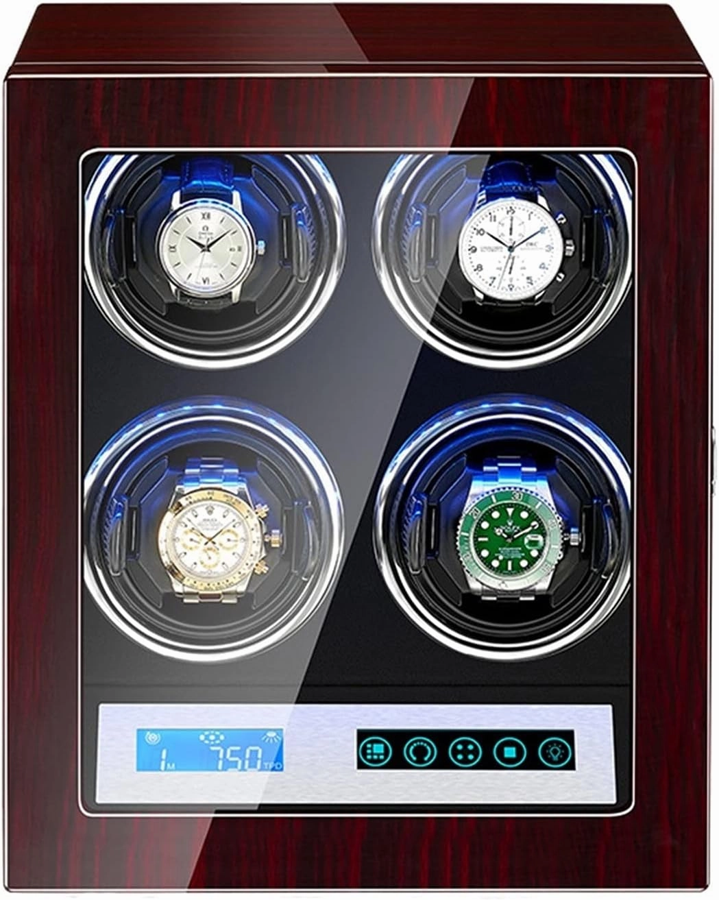 Chandelier Watch Display Box Automatic Watch Winder for 4 Watches Watch Winder Display Box with LED Lighting and Touch Screen LCD Digital Display Japanese Motor Adjustable Watch Pillo Chandelier