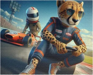 Cheetah as a Professional Race Car Driver Jigsaw Puzzle - Made in USA