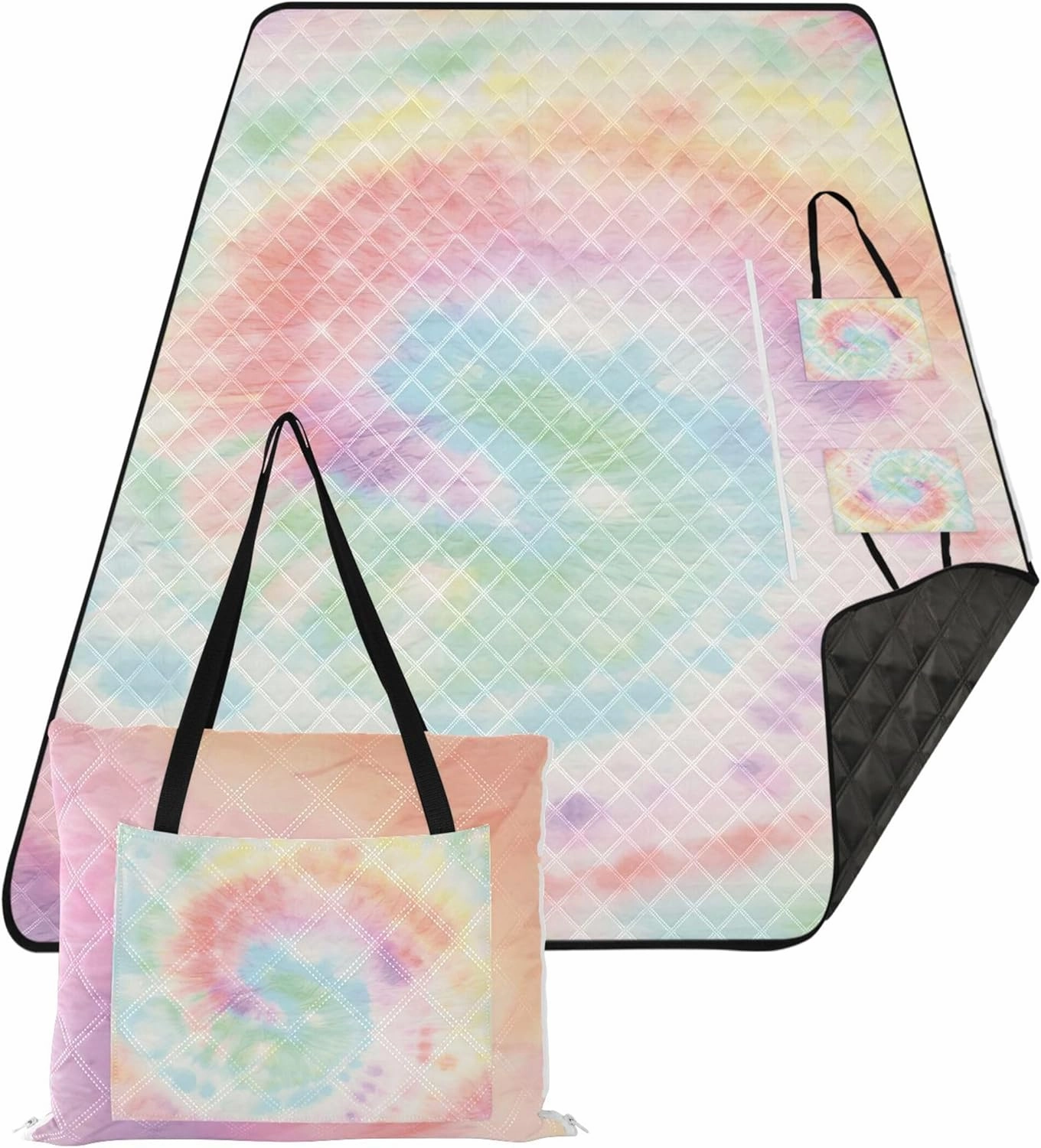 CHIFIGNO Pastel Tie Dye Swirl Colorful Beach Blankets Waterproof Sandproof Cute Picnic Mat Foldable Floral Grass Mats for Camping 80" x 60"