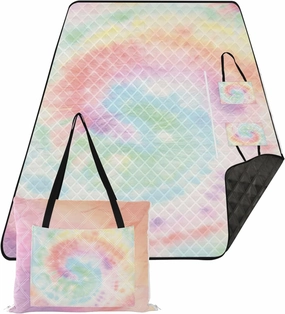 CHIFIGNO Pastel Tie Dye Swirl Colorful Beach Blankets Waterproof Sandproof Cute Picnic Mat Foldable Floral Grass Mats for Camping 80" x 60"
