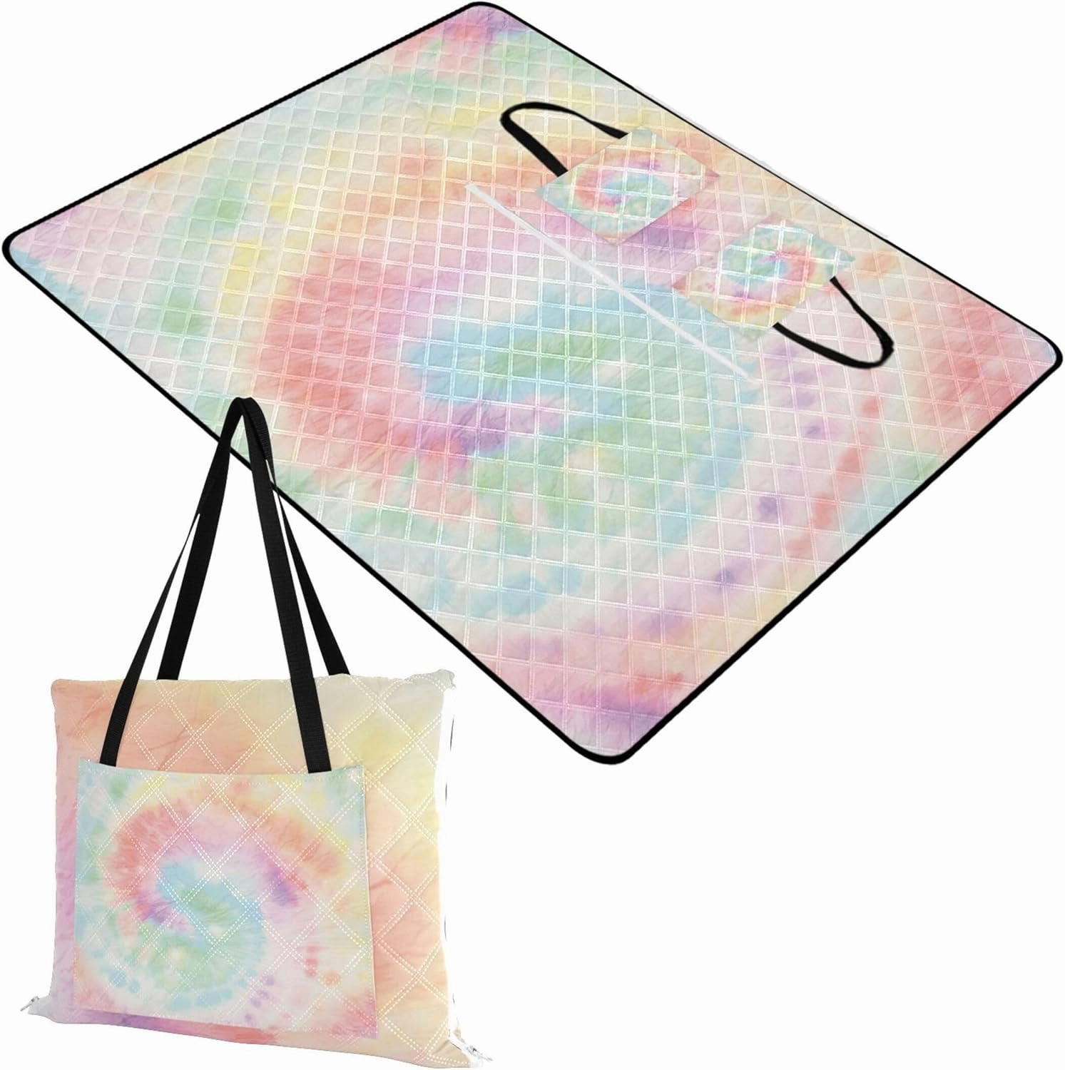 CHIFIGNO Pastel Tie Dye Swirl Colorful Beach Blankets Waterproof Sandproof Cute Picnic Mat Foldable Floral Grass Mats for Camping 80" x 60"