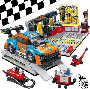 City Car Garage Building Set, Race Car Toys Technic Repair Shop Model Racecar Kits for Display or Play Replaceable Tires/Rear Wing Christmas Birthday Gifts for Adults Boys Girls Kids Ages 6 8 10 12 