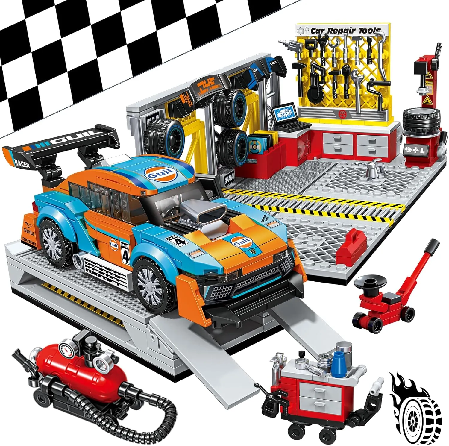 City Car Garage Building Set, Race Car Toys Technic Repair Shop Model Racecar Kits for Display or Play Replaceable Tires/Rear Wing Christmas Birthday Gifts for Adults Boys Girls Kids Ages 6 8 10 12 