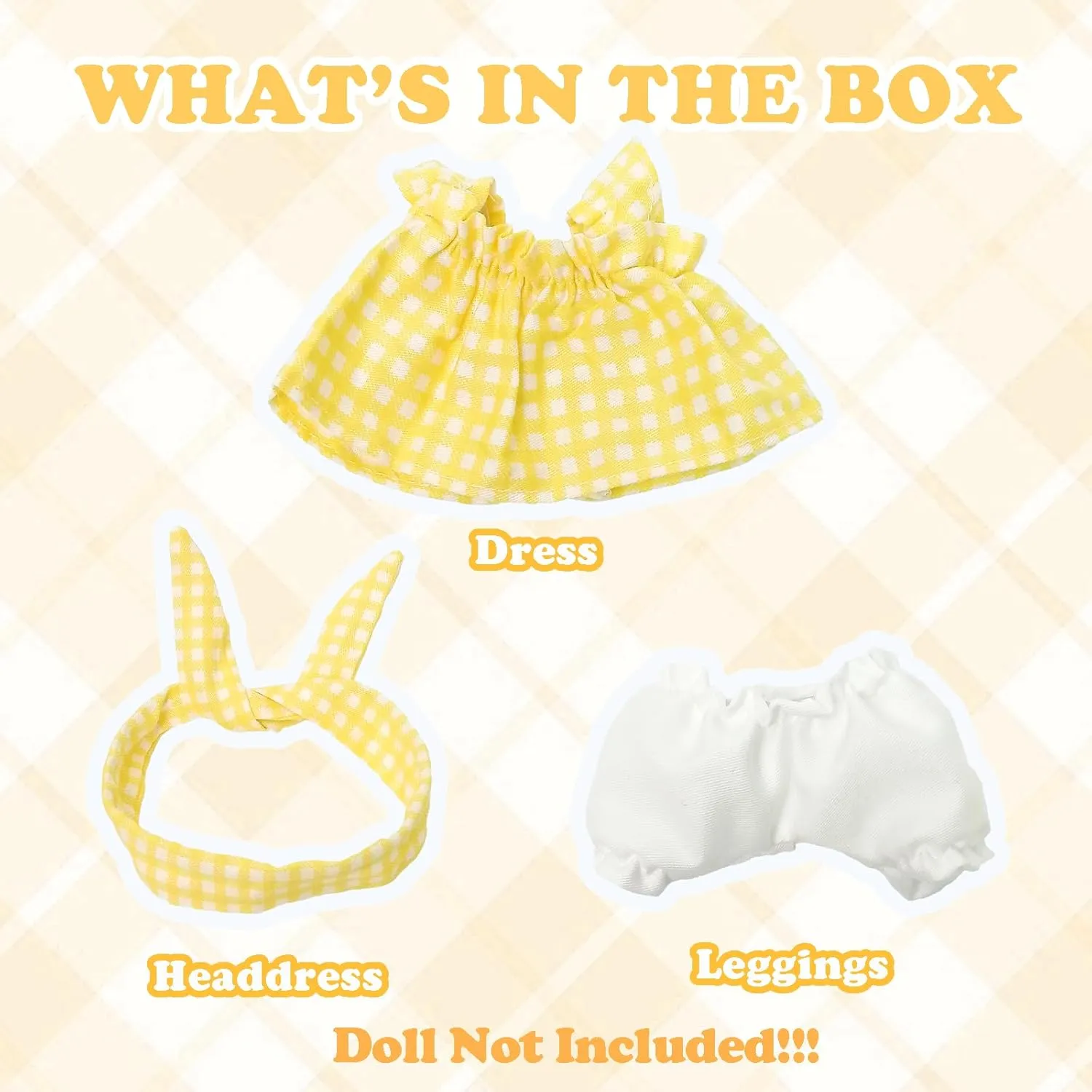 Clothes Compatible with Labubu Doll, Labubu Outfit Set - Yellow and white checkered skirt   headband pants for labubu Dolls, Stylish Adorable Accessories Set for 17cm, No Doll(Lemon Cream Bunny Bunny)