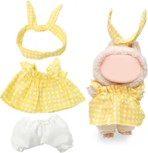Clothes Compatible with Labubu Doll, Labubu Outfit Set - Yellow and white checkered skirt   headband pants for labubu Dolls, Stylish Adorable Accessories Set for 17cm, No Doll(Lemon Cream Bunny Bunny)