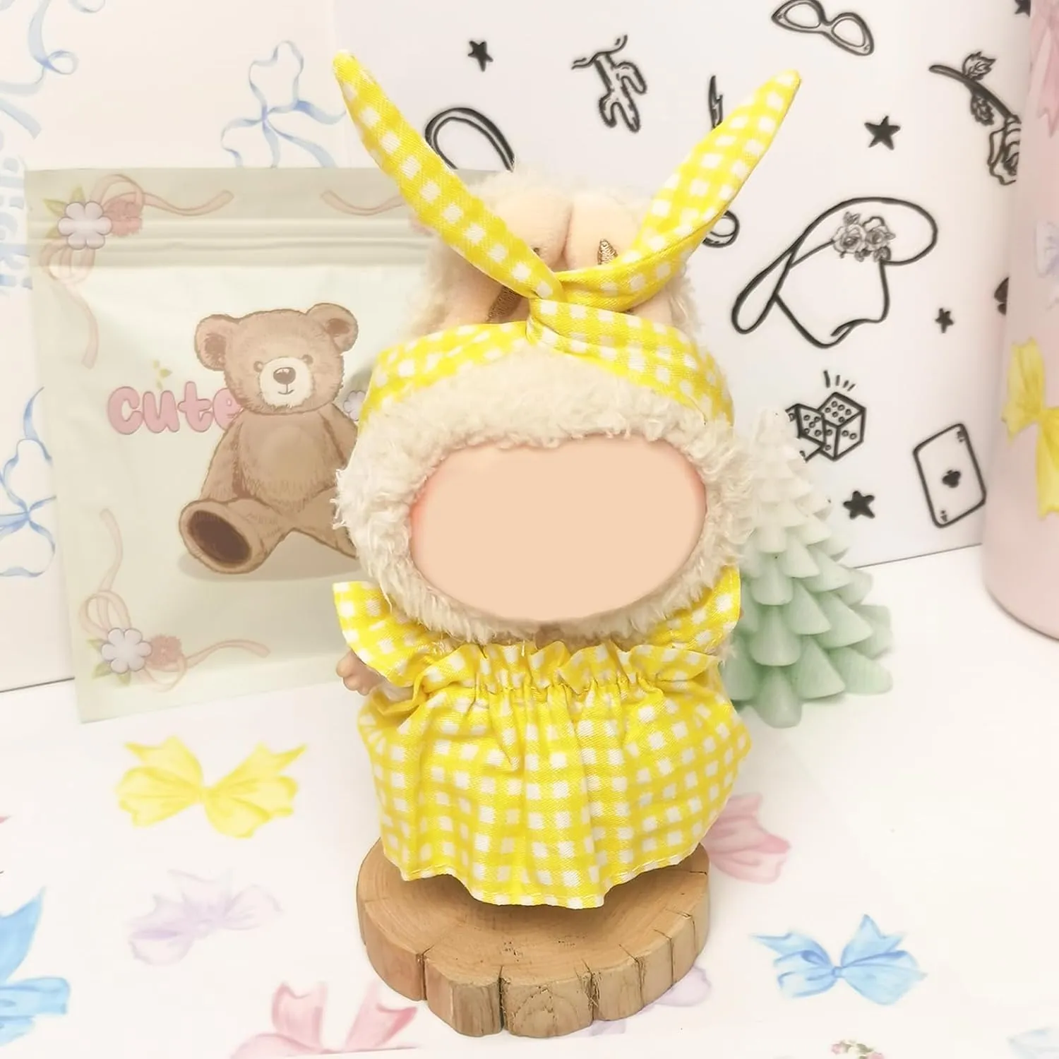 Clothes Compatible with Labubu Doll, Labubu Outfit Set - Yellow and white checkered skirt   headband pants for labubu Dolls, Stylish Adorable Accessories Set for 17cm, No Doll(Lemon Cream Bunny Bunny)