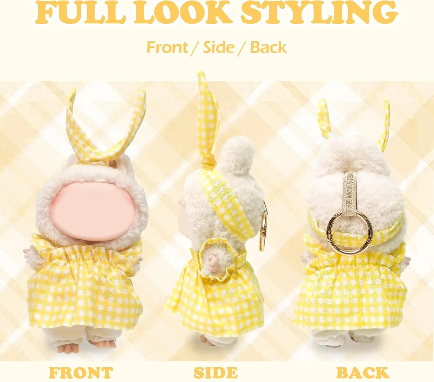 Clothes Compatible with Labubu Doll, Labubu Outfit Set - Yellow and white checkered skirt   headband pants for labubu Dolls, Stylish Adorable Accessories Set for 17cm, No Doll(Lemon Cream Bunny Bunny)