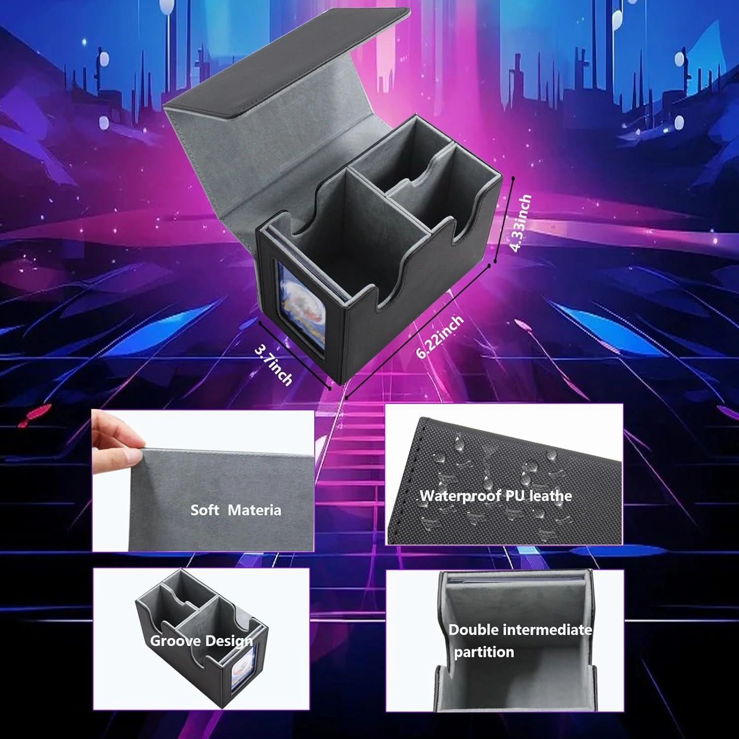 Collectible Trading Card Caseswith1Commander Display,Leather Magnetic Card Storage Box for 180 Double-Sleeved Cards. Collectible Trading CardCaseswith2 Dividers &Transparent Card (Black & Gray)