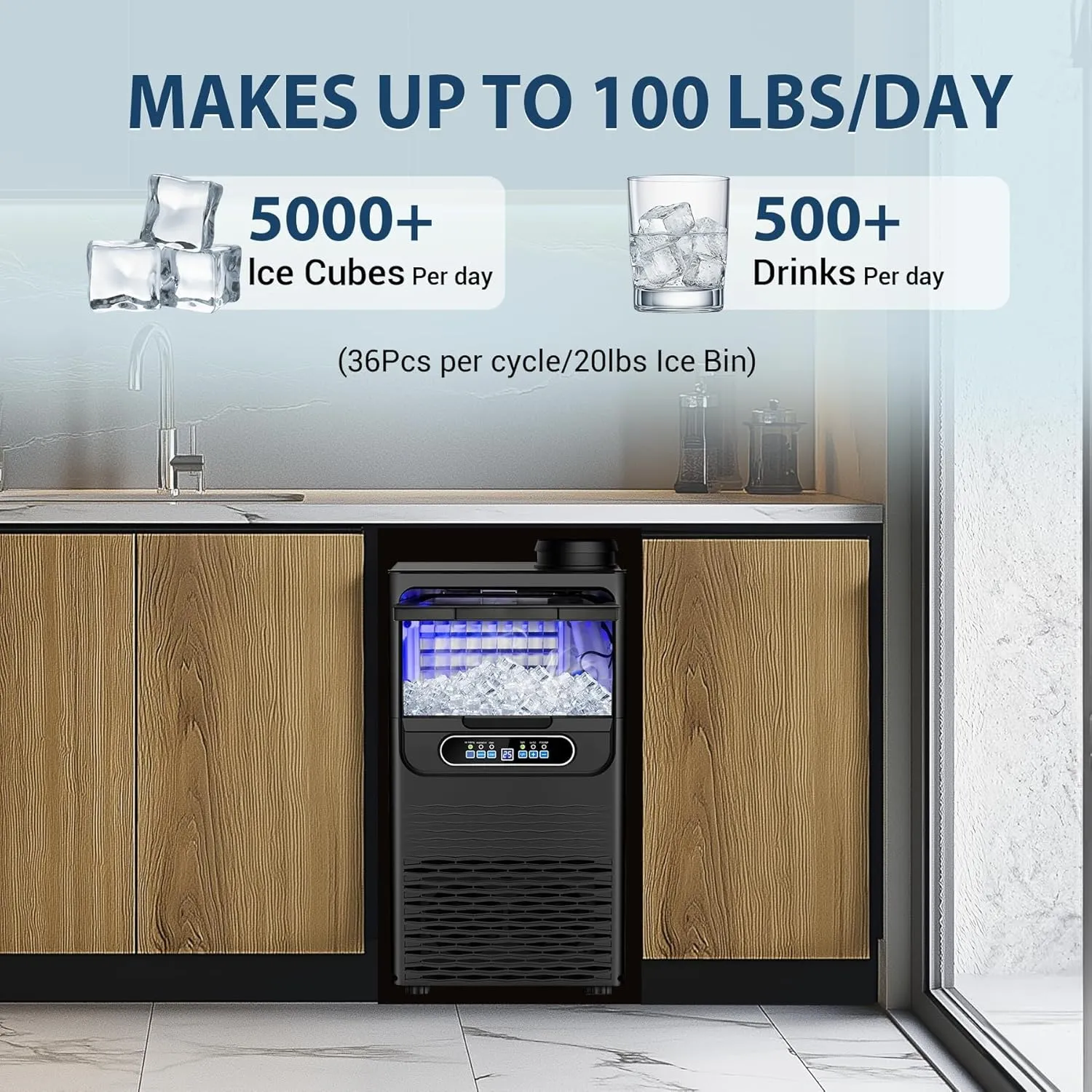 Commercial Ice Maker Machine 100 Lbs/24H, Rapid 36 Ice Cubes in 9-15 Mins, Dual Water Inlet Options, 20Lbs Capacity Stainless Steel Ice Under Counter/Freestanding Machine for Home, Party, Office