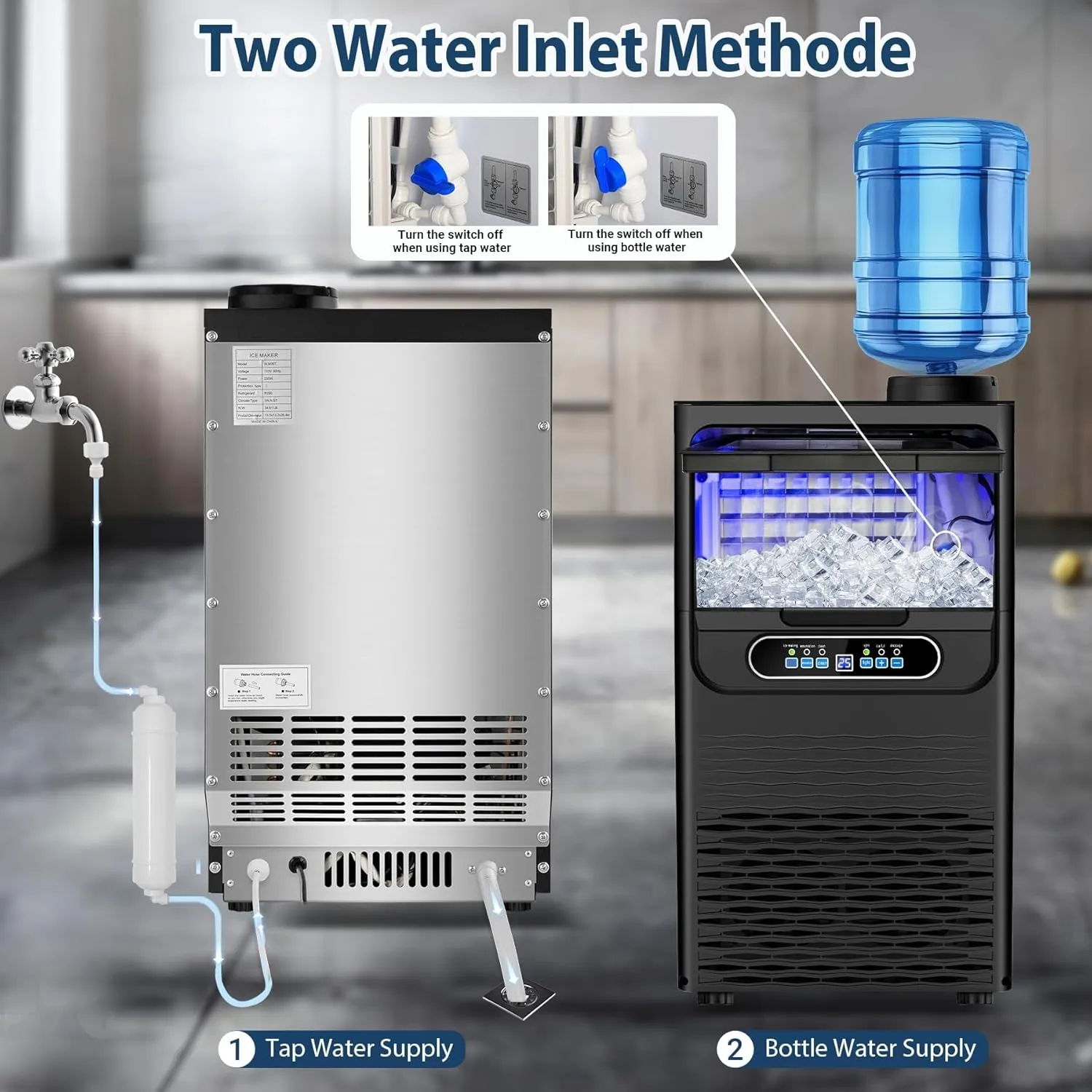 Commercial Ice Maker Machine 100 Lbs/24H, Rapid 36 Ice Cubes in 9-15 Mins, Dual Water Inlet Options, 20Lbs Capacity Stainless Steel Ice Under Counter/Freestanding Machine for Home, Party, Office