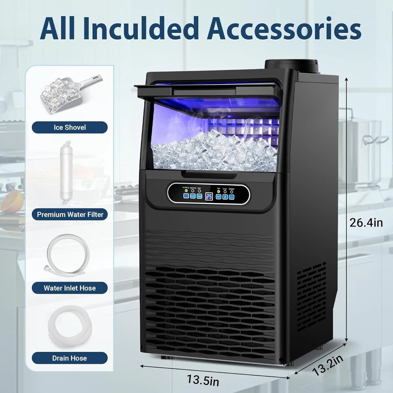 Commercial Ice Maker Machine 100 Lbs/24H, Rapid 36 Ice Cubes in 9-15 Mins, Dual Water Inlet Options, 20Lbs Capacity Stainless Steel Ice Under Counter/Freestanding Machine for Home, Party, Office