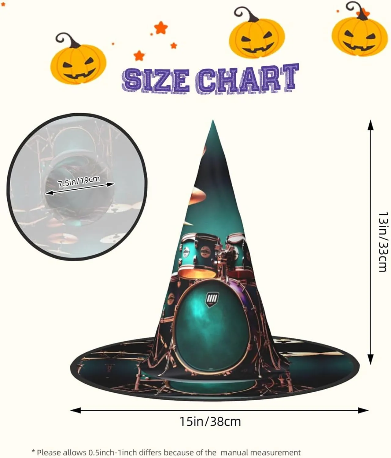 Cool Drum Set Print Funny Halloween Hats Witch Hats For Men, Women, Halloween Parties Costume Events