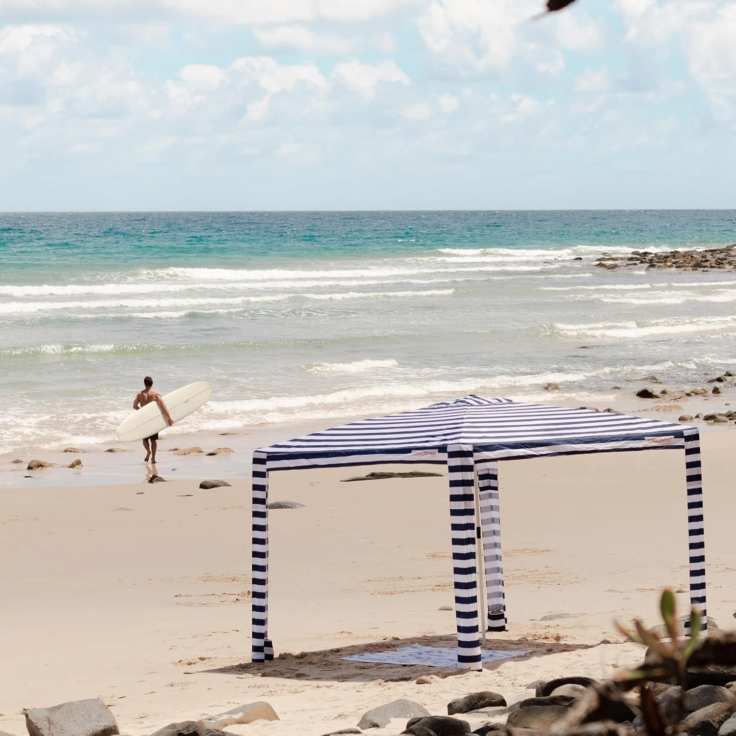 CoolCabana Beach Shade Tent - Easy Setup, UPF 50  Protection, Large & Medium Sizes, Compact & Wind Resistant - Beach Cabana for The Whole Family - Navy Stripes, Large