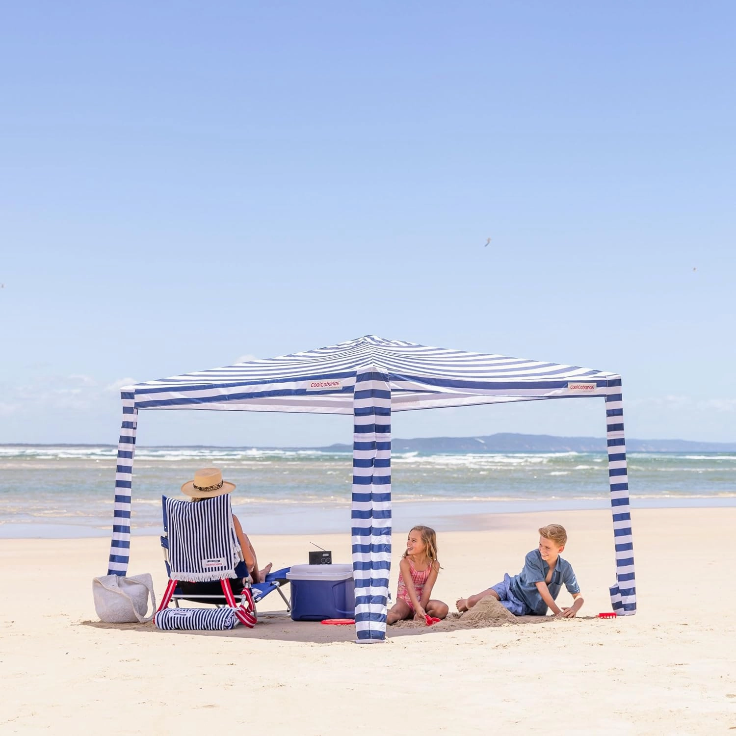 CoolCabana Beach Shade Tent - Easy Setup, UPF 50  Protection, Large & Medium Sizes, Compact & Wind Resistant - Beach Cabana for The Whole Family - Navy Stripes, Large