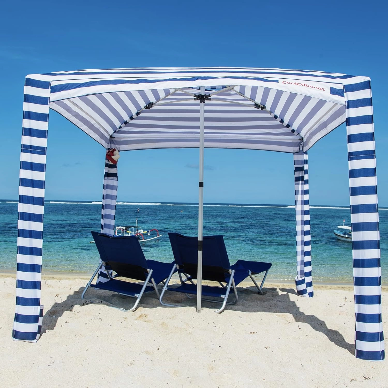 CoolCabana Beach Shade Tent - Easy Setup, UPF 50  Protection, Large & Medium Sizes, Compact & Wind Resistant - Beach Cabana for The Whole Family - Navy Stripes, Large