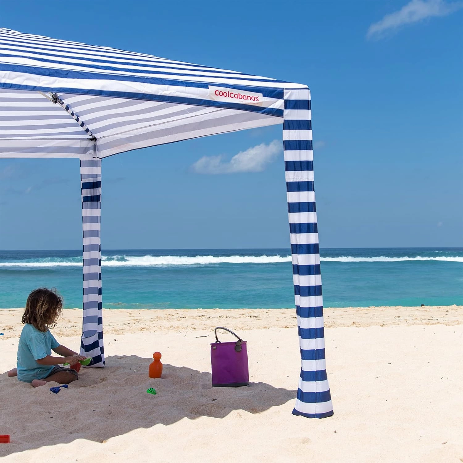 CoolCabana Beach Shade Tent - Easy Setup, UPF 50  Protection, Large & Medium Sizes, Compact & Wind Resistant - Beach Cabana for The Whole Family - Navy Stripes, Large