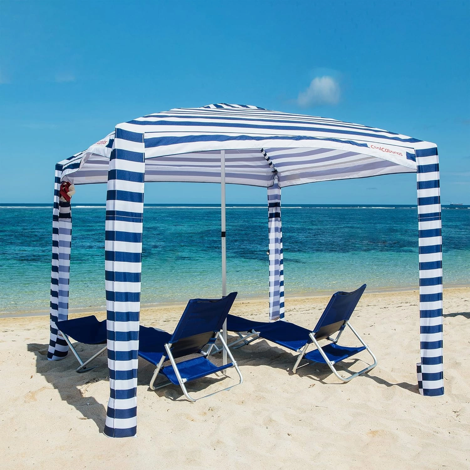 CoolCabana Beach Shade Tent - Easy Setup, UPF 50  Protection, Large & Medium Sizes, Compact & Wind Resistant - Beach Cabana for The Whole Family - Navy Stripes, Large