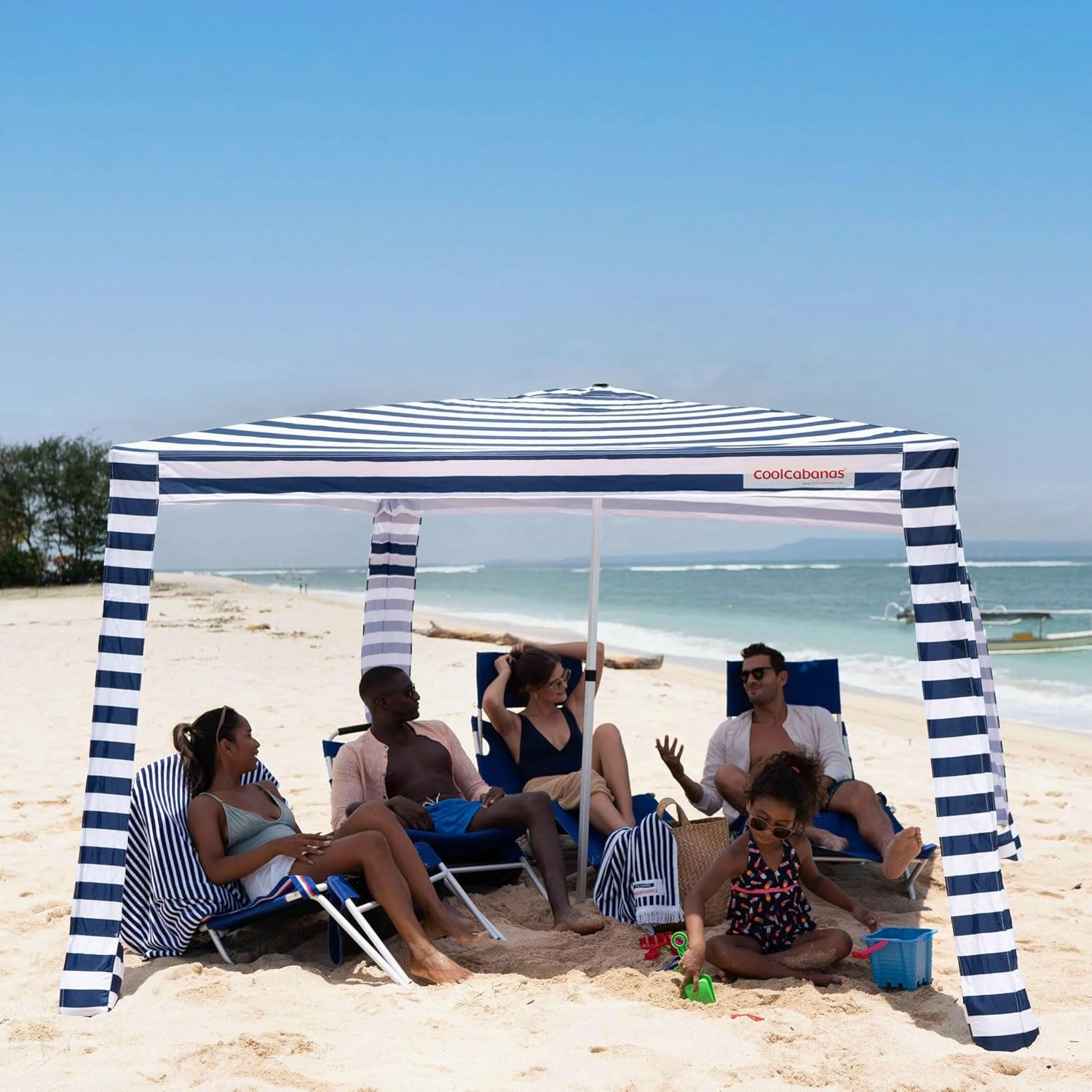 CoolCabana Beach Shade Tent - Easy Setup, UPF 50  Protection, Large & Medium Sizes, Compact & Wind Resistant - Beach Cabana for The Whole Family - Navy Stripes, Large