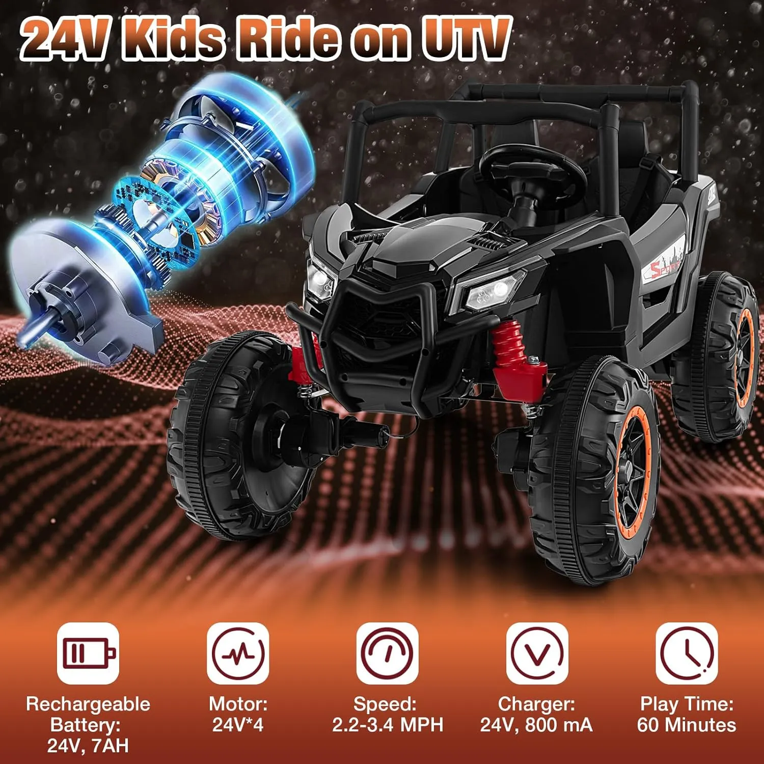 Costzon 24V Kids UTV, 4WD/2WD Switchable Electric Car with Remote Control, 4 x 100W Powerful Engine, Soft Start, 4 Shock Absorbers, High/Low Speed, Music, 2-Seater Ride on Car for Kids 3  (Black)