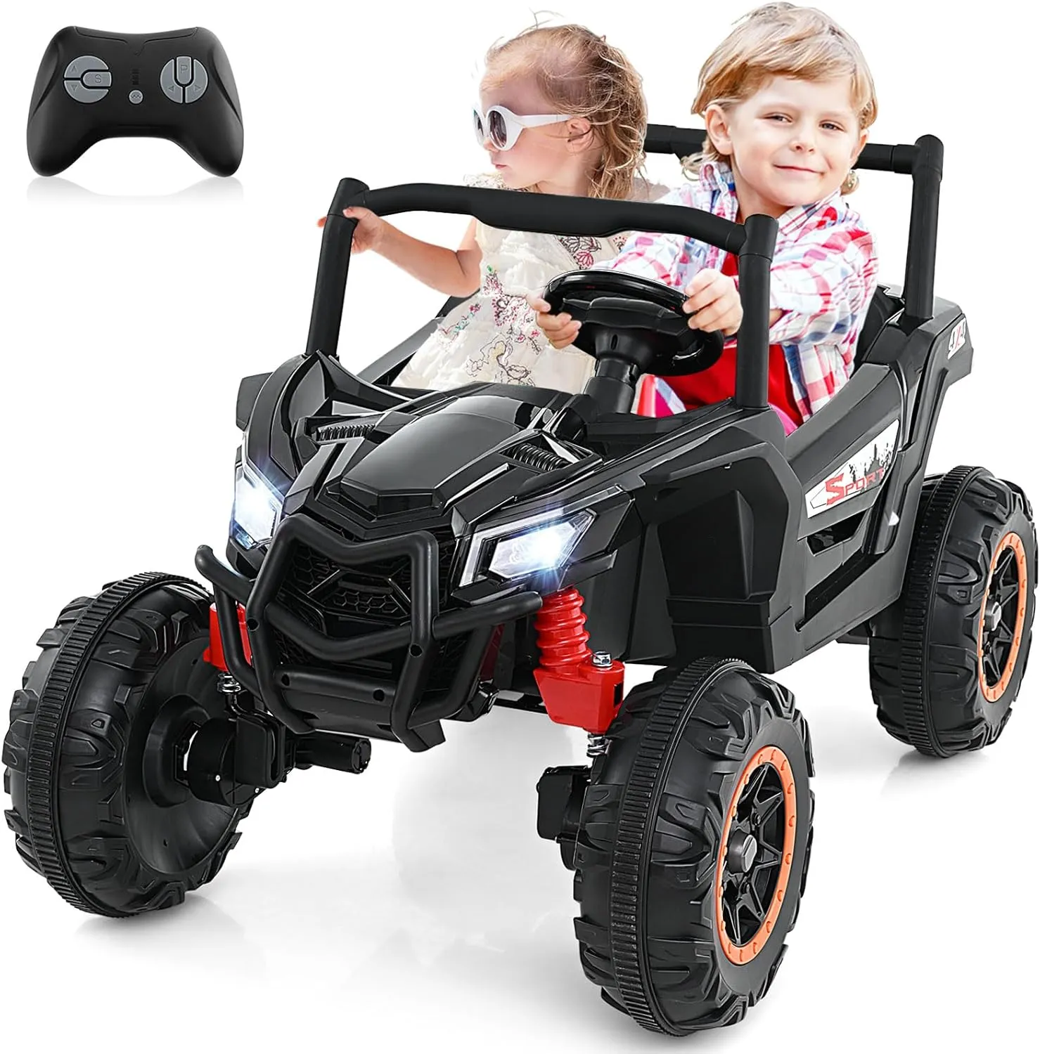Costzon 24V Kids UTV, 4WD/2WD Switchable Electric Car with Remote Control, 4 x 100W Powerful Engine, Soft Start, 4 Shock Absorbers, High/Low Speed, Music, 2-Seater Ride on Car for Kids 3  (Black)
