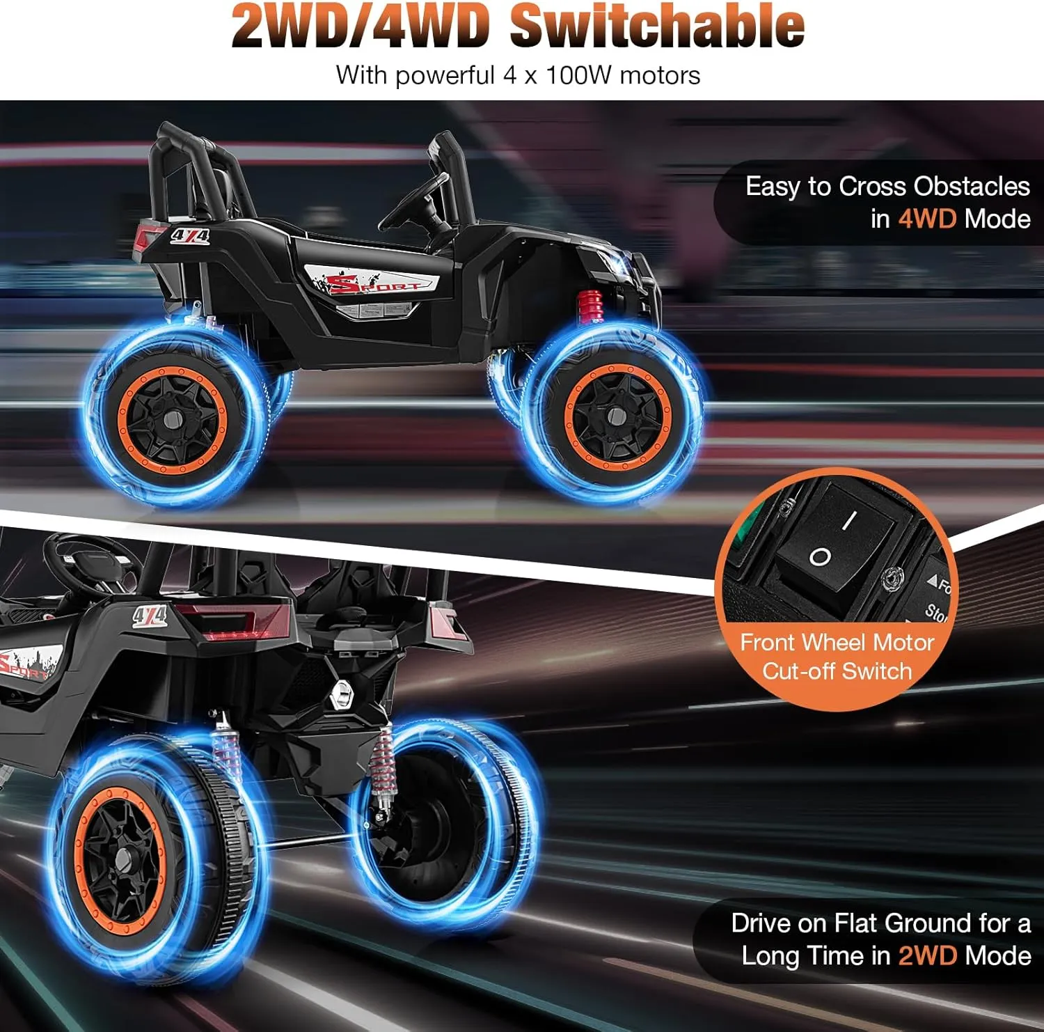 Costzon 24V Kids UTV, 4WD/2WD Switchable Electric Car with Remote Control, 4 x 100W Powerful Engine, Soft Start, 4 Shock Absorbers, High/Low Speed, Music, 2-Seater Ride on Car for Kids 3  (Black)
