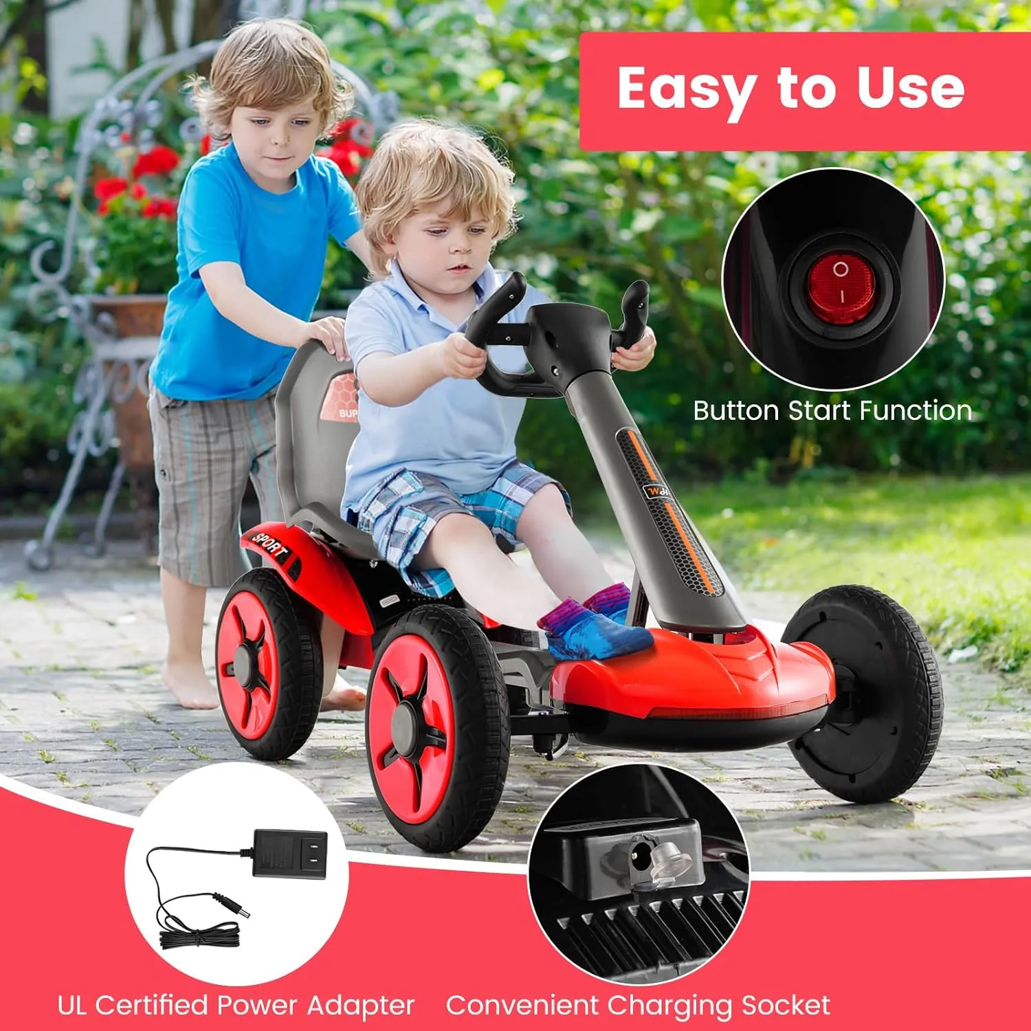 Costzon Electric Go Kart for Kids, 12V Battery Powered Ride on Toy with 2-Position Adjustable Seat & Steering Wheels, Flashing LED Lights, 2 MPH Max Speed, Folding Ride-on Kart for Boys & Girls (Red)