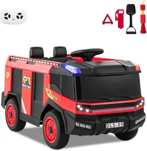 Costzon Kids Ride on Fire Truck, 2-Seater Kids Electric Vehicle Ride on Toy w/Remote Control, Water Gun, Extinguisher, Shovel, Loudspeaker, Music & Lights, Battery Powered Fire Car (Red)