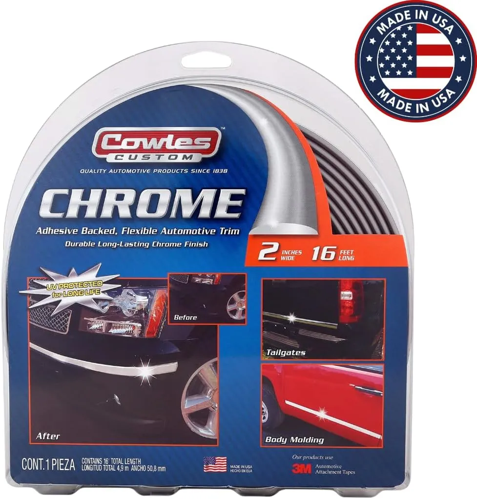 Cowles Custom - Premium Universal Body Molding for All Vehicles - Easy Install, Chrome Finish, 2" by 16 ft, UV Protected, Long Lasting Flexible PVC