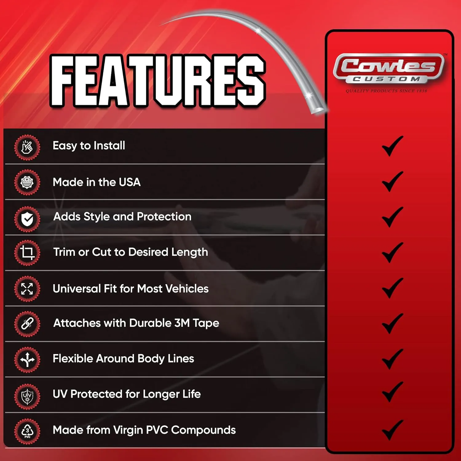 Cowles Custom - Premium Universal Body Molding for All Vehicles - Easy Install, Chrome Finish, 2" by 16 ft, UV Protected, Long Lasting Flexible PVC