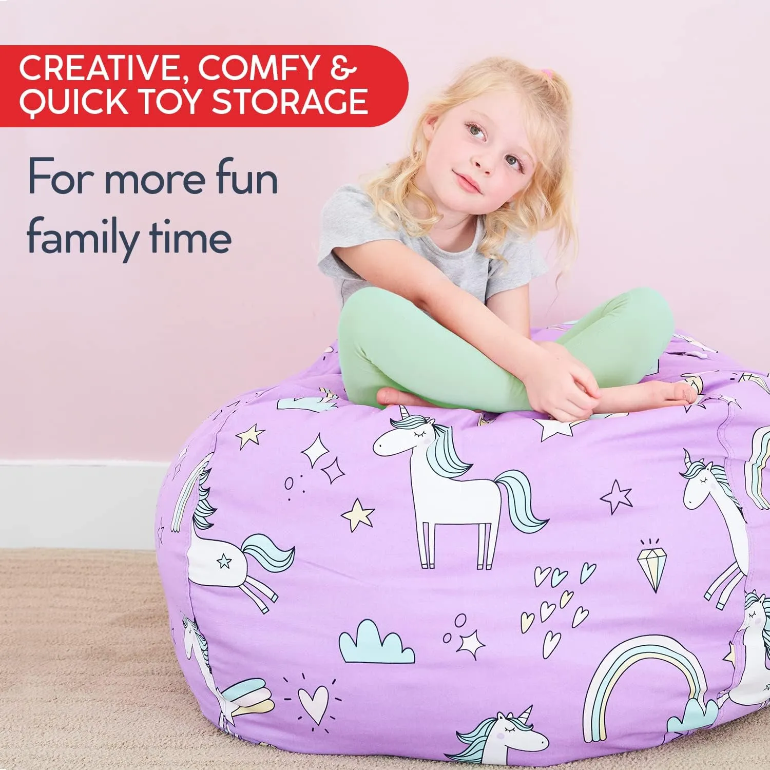 Creative QT Stuff ’n Sit Large 33’’ Bean Bag Storage Cover for Stuffed Animals & Toys, Giant Bean Bag Chair for Plush, Kids Bedroom Organizer, Light Gray Corduroy, Stuffed Animal Storage