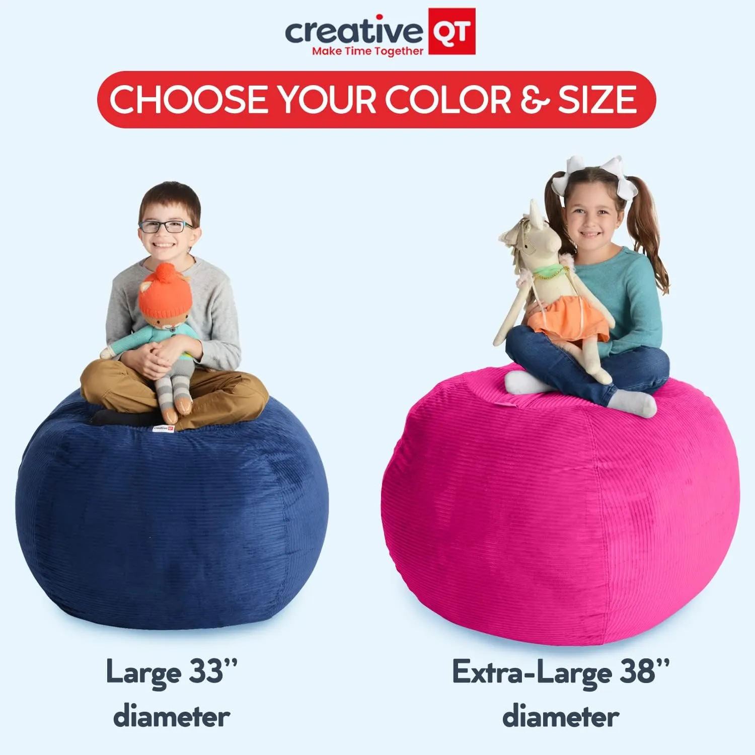 Creative QT Stuff ’n Sit Large 33’’ Bean Bag Storage Cover for Stuffed Animals & Toys, Giant Bean Bag Chair for Plush, Kids Bedroom Organizer, Light Gray Corduroy, Stuffed Animal Storage