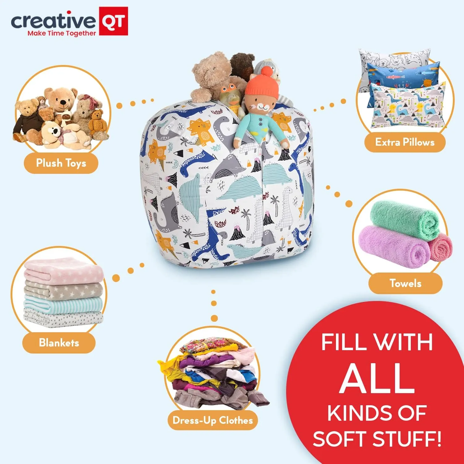 Creative QT Stuff ’n Sit Large 33’’ Bean Bag Storage Cover for Stuffed Animals & Toys, Giant Bean Bag Chair for Plush, Kids Bedroom Organizer, Light Gray Corduroy, Stuffed Animal Storage