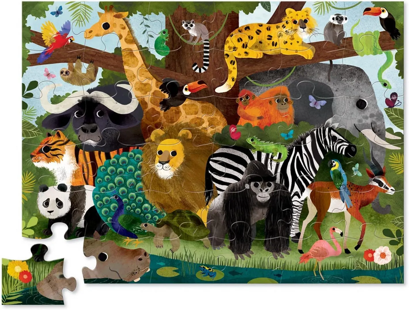Crocodile Creek 36-Piece Jigsaw Floor Puzzle - Fun Floor Puzzles for Kids Ages 3-5 - Heavy-Duty Shaped Box for Storage - Jungle Friends - 27" W x 20" H Finished