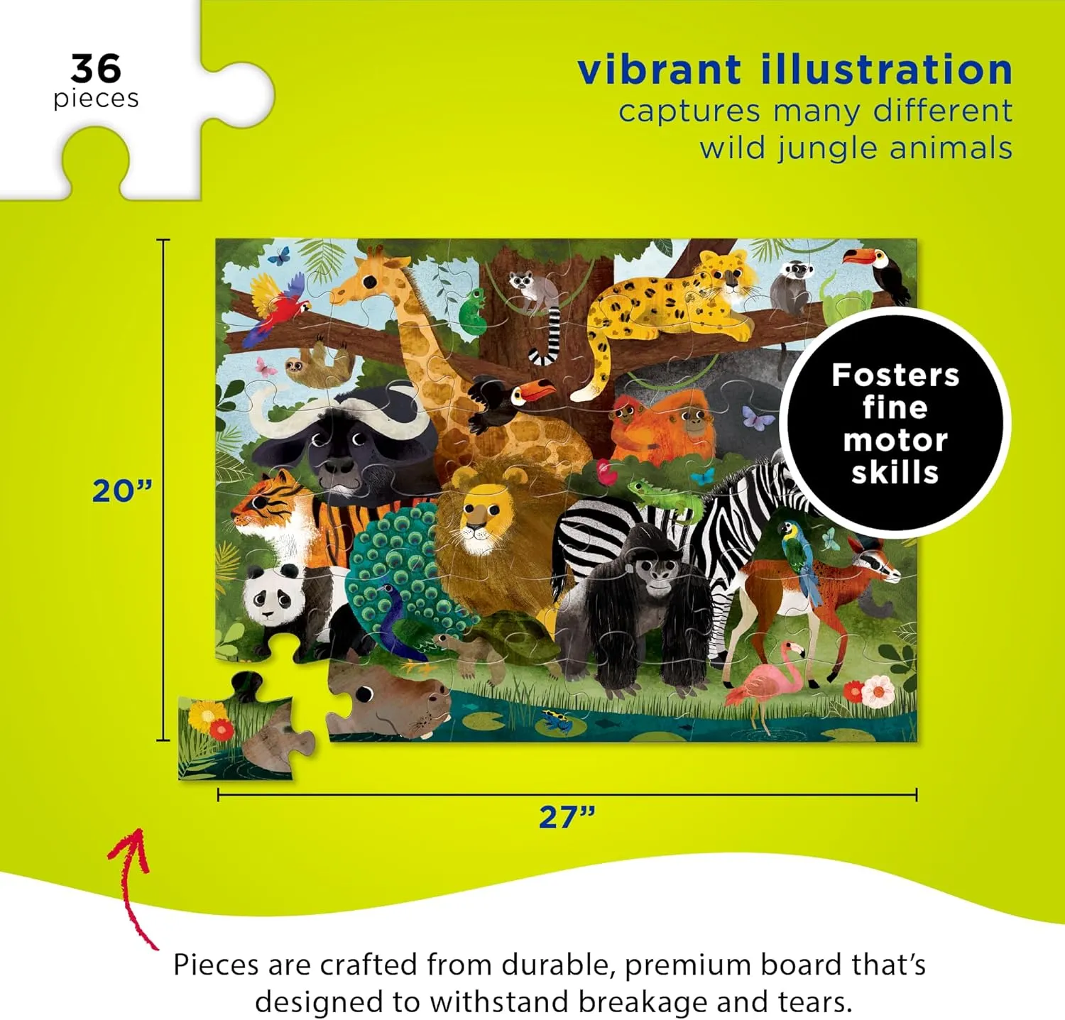 Crocodile Creek 36-Piece Jigsaw Floor Puzzle - Fun Floor Puzzles for Kids Ages 3-5 - Heavy-Duty Shaped Box for Storage - Jungle Friends - 27" W x 20" H Finished