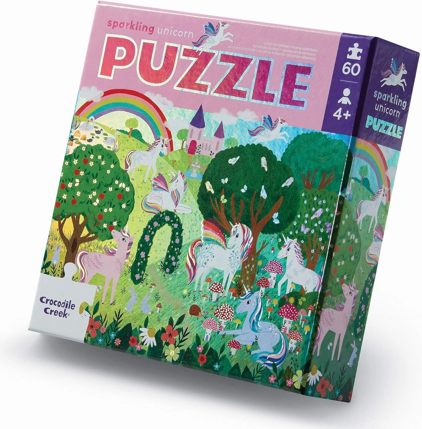 Crocodile Creek 60-Piece Holographic Foil Floor Puzzle for Kids Ages 4-8 and Up - Heavy-Duty Box for Storage - Sparkling Unicorn - 14” x 19” Finished