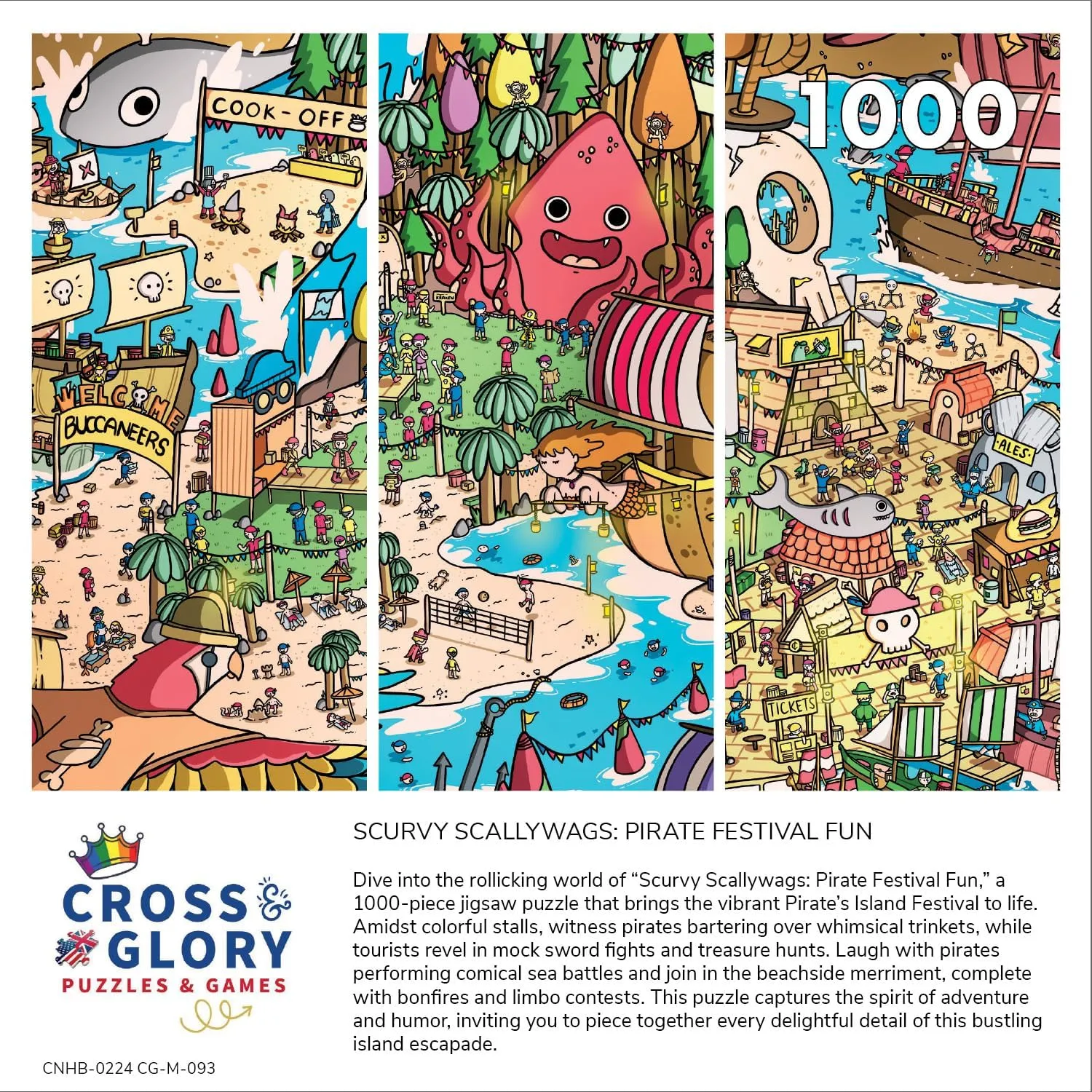 Cross & Glory - Scurvy Scallywags: Pirate Festival Fun - 1000 Piece Jigsaw Puzzle for Adults & Kids 12  | Whimsical | Vibrant Island Adventure | Magical Puzzle Challenge | 19.25"x 26.625"