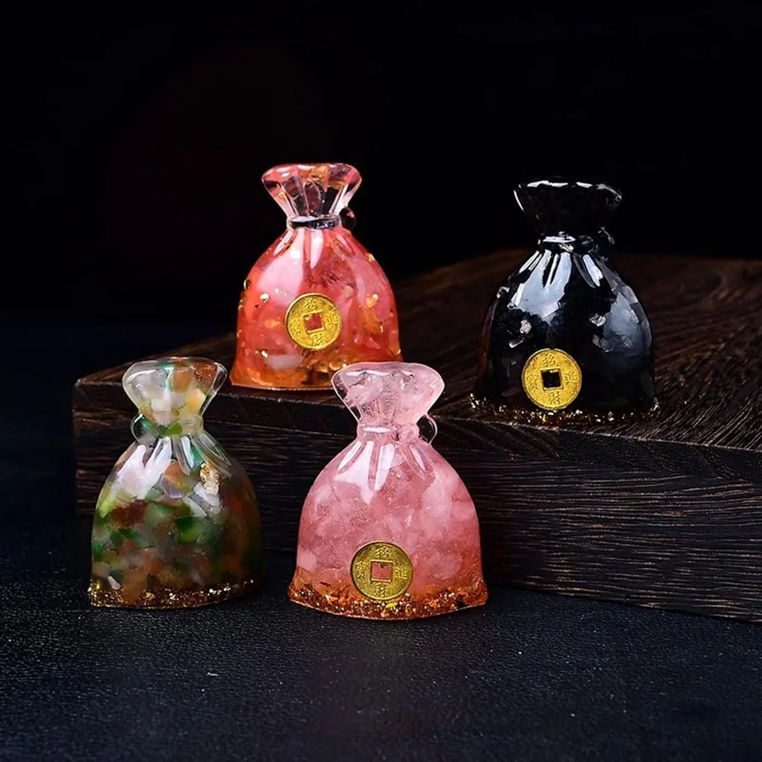 Crystal Money Bag Resin Crushed Crystals Natural Healing Crystals Figurines Ornament Attract Wealth Feng Shui Home Office Decorative Collectible Gift,Amethyst