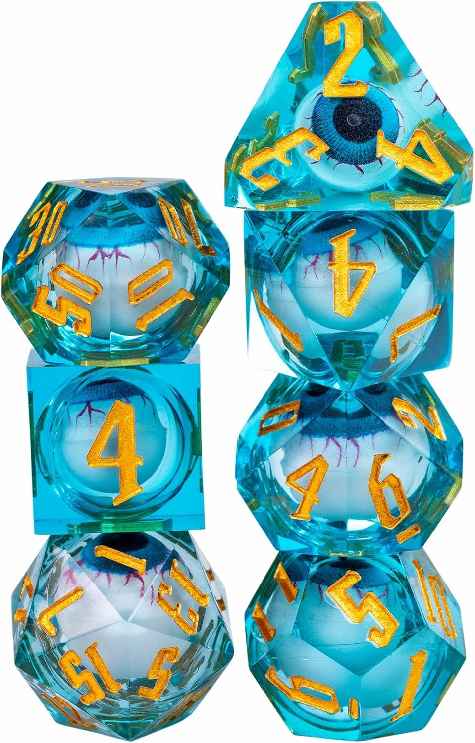 Cusdie 7-Die Liquid Core Eye Dice Handmade DND Dice Set Sharp Edges, Floating Eyeball Dice for Dungeons and Dragons Tabletop Role Playing Game(Blue Eyeball)