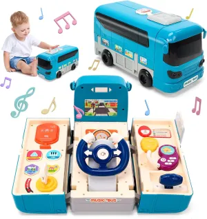 CUTE STONE Bus Car Toy, Kids Play Vehicle with Sound and Light, Simulation Steering Wheel, Musical School Bus Toy for Toddler, Educational Bus Driving Toy Gift for Toddlers Boys & Girls