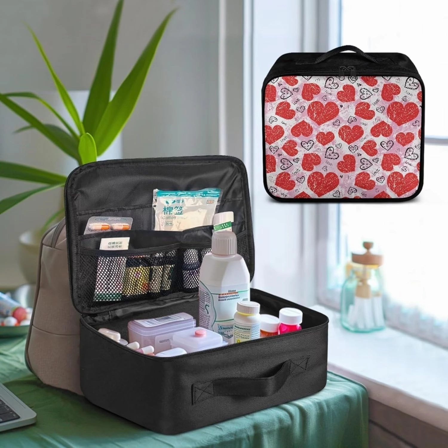 Cute First Aid Bag Empty Large Heart-Shaped First Aid Pouch Travel Medicine Pouch Double Zippers First Responder Storage Compact Survival Medicine Bag for College Dorm Student