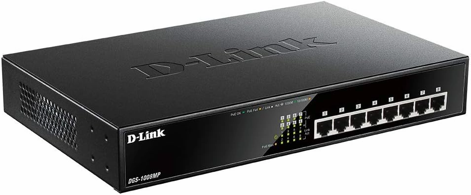 D-Link DGS-1008MP 8-Port Gigabit Unmanaged Metal Desktop Switch with 8 PoE  Port - Up to 30 W per Port with 125 W PoE Budget