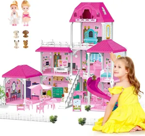 deAO Dolls House for Girls, 3 Stories 8 Rooms with 2 Dolls, 4 Puppy Toys, Dollhouse Furniture & Accessories, for 3-6 Girls & Boys