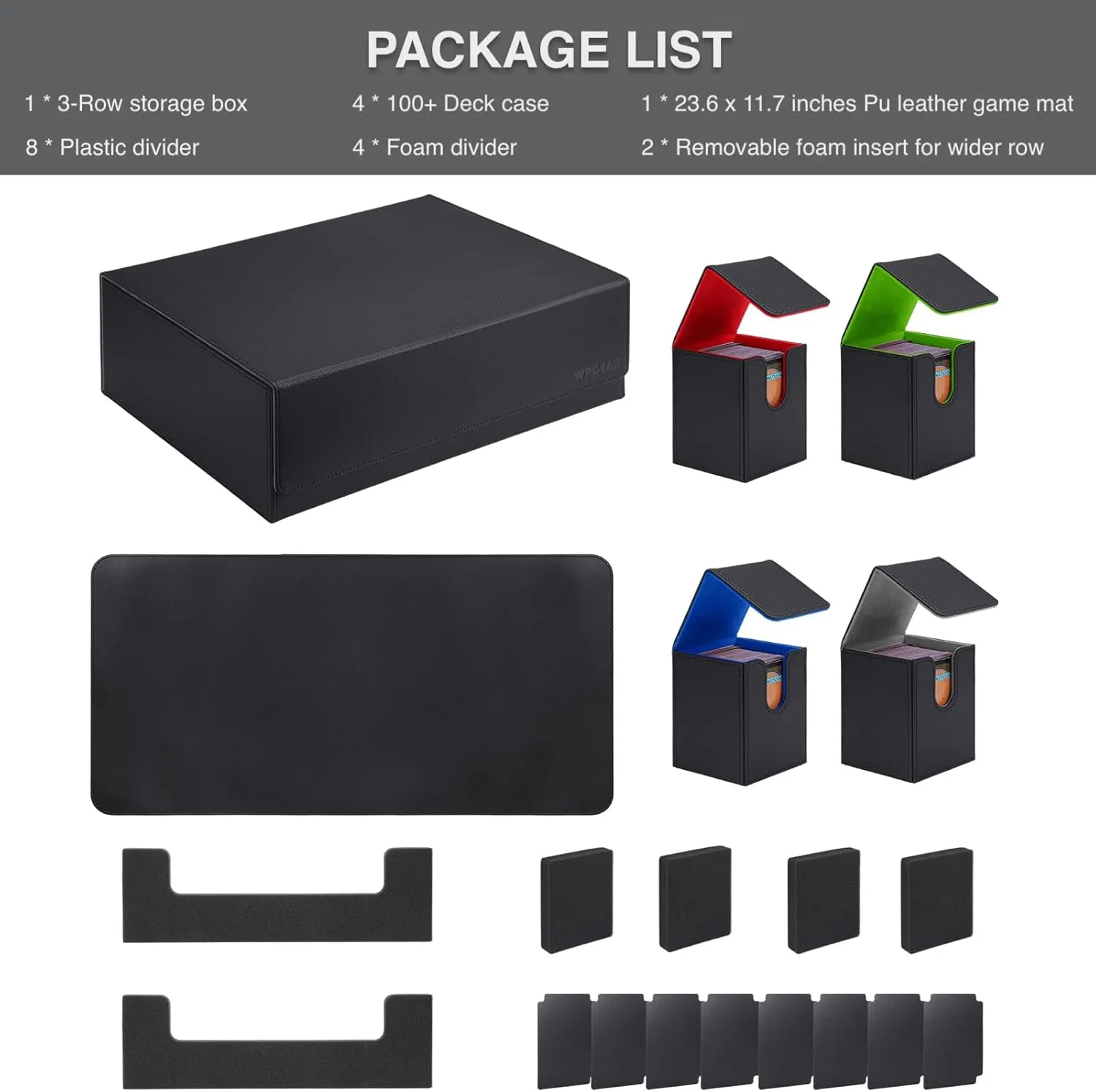 Deck Cases Set for Trading Card, Hold Up to 4000 Cards In Total, Include 3-Row Storage Box, 4 Deck Cases, Game Mat, Dividers and Foam Insert, Compatible with TCG, MTG, YuGiOh and Sport Card