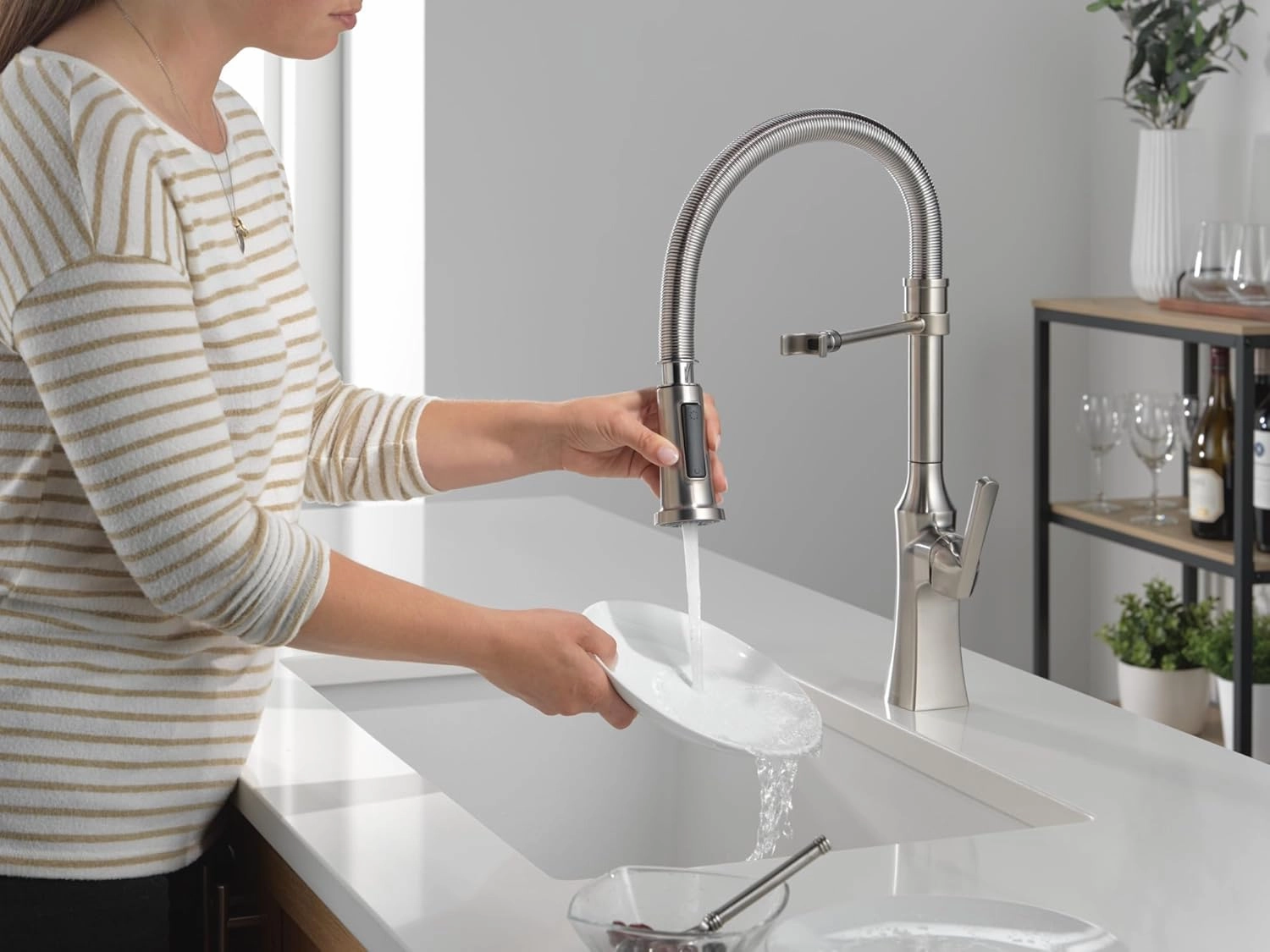 Delta Faucet Ermelo Pro Commercial Style Kitchen Faucet with Pull Down Sprayer, Brushed Nickel Commercial Kitchen Faucet, Spring Kitchen Faucet, Kitchen Sink Faucet, Stainless 18887-SS-DST