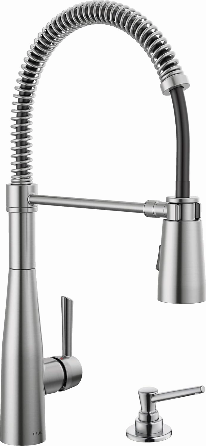 Delta Faucet Essa Pro Commercial Style Kitchen Faucet with Pull Down Sprayer with Soap Dispenser in Arctic Stainless