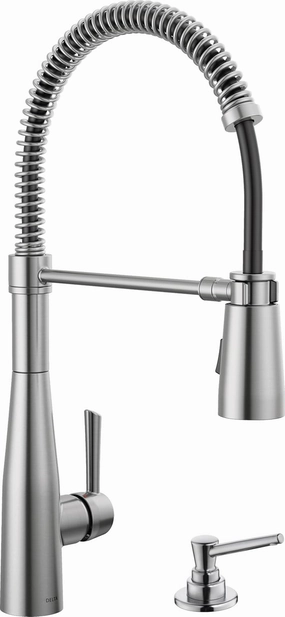 Delta Faucet Essa Pro Commercial Style Kitchen Faucet with Pull Down Sprayer with Soap Dispenser in Arctic Stainless
