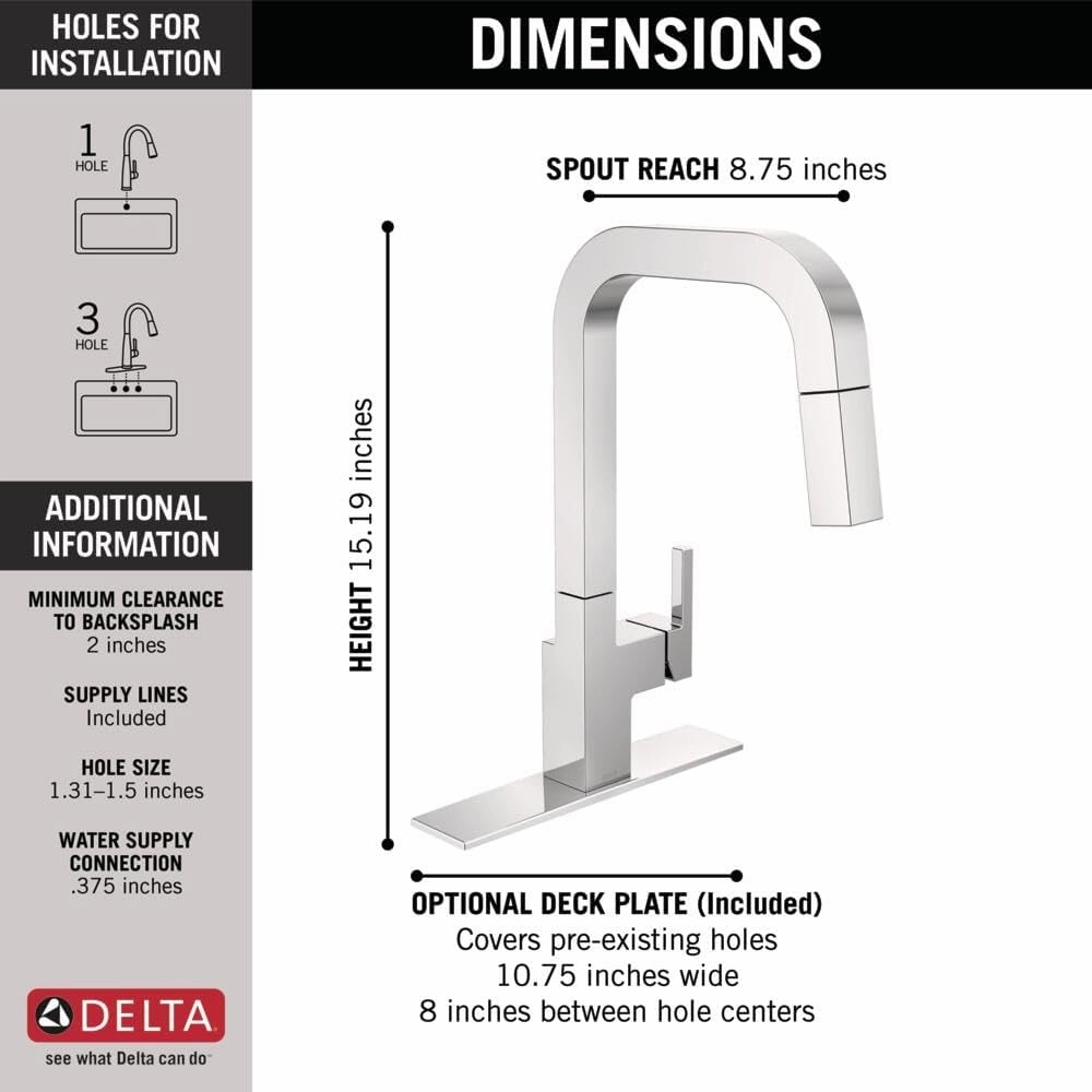 Delta Faucet Junction Kitchen Faucet with Pull Down Sprayer, Chrome Kitchen Sink Faucet, Modern Kitchen Faucet, Kitchen Faucet with Sprayer, Single Hole Kitchen Faucet, Chrome 19825LF