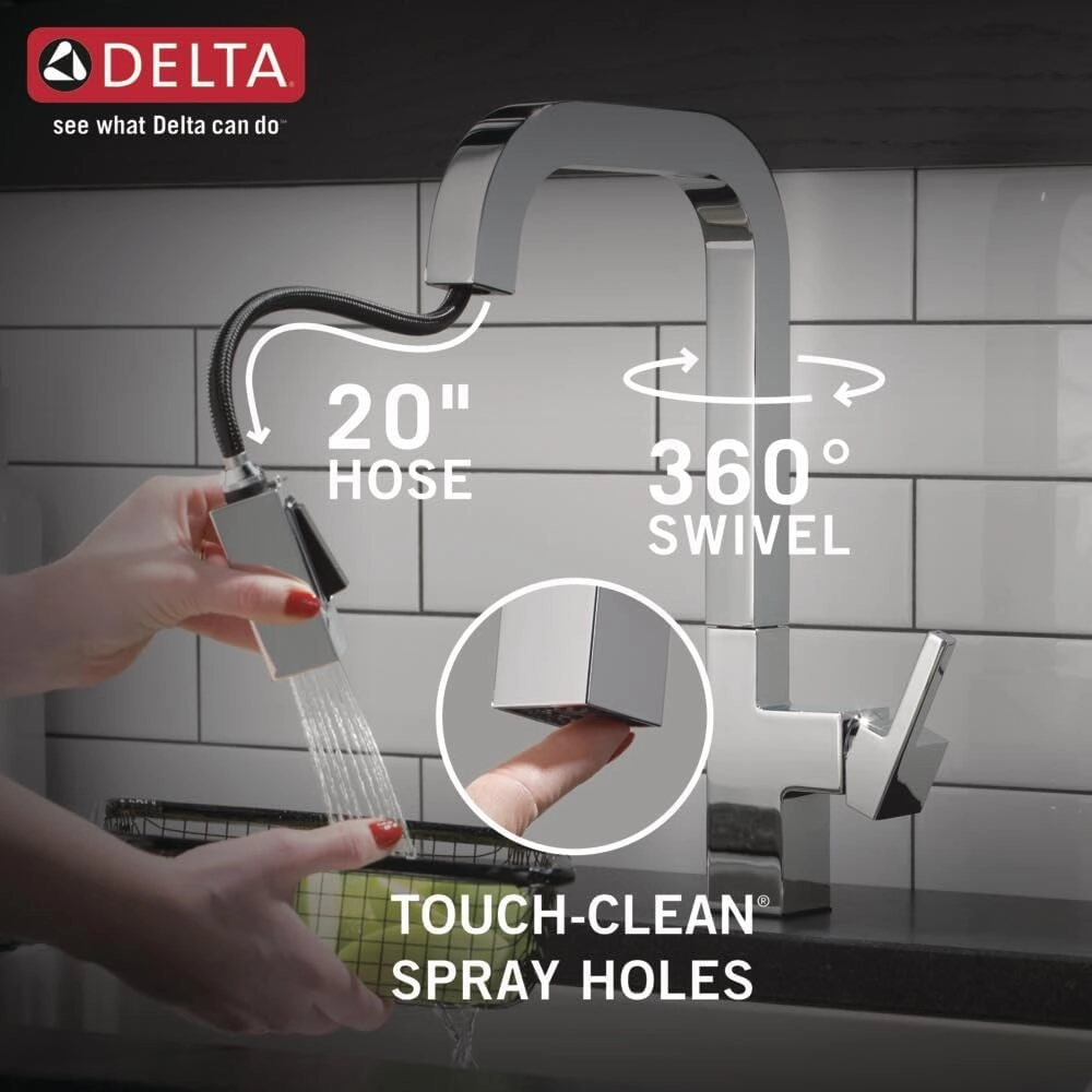 Delta Faucet Junction Kitchen Faucet with Pull Down Sprayer, Chrome Kitchen Sink Faucet, Modern Kitchen Faucet, Kitchen Faucet with Sprayer, Single Hole Kitchen Faucet, Chrome 19825LF
