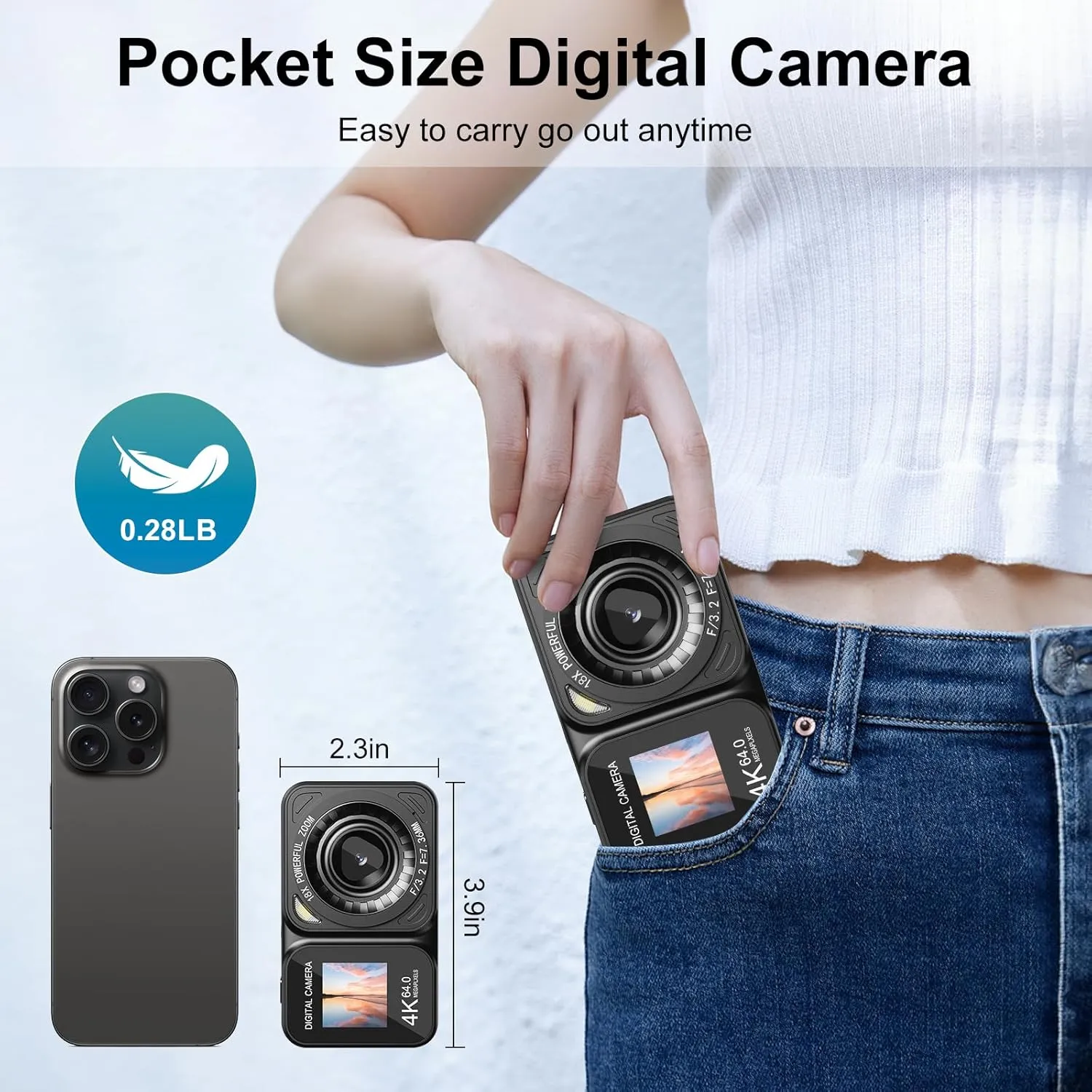 Digital Camera, 4K 64MP Dual Screens Camera, 18X Zoom, Point and Shoot Digital Camera with 64GB TF Card & 2 Batteries, Portable Rechargeable Small Camera for Kids Teens Adult, Black