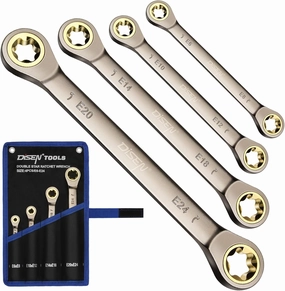 DISEN 2025 Upgraded 4-Piece E-Torx Double Box Ratcheting Wrench Set, 72-Tooth Black Nickel Plated, Dual Head E6E8/E10E12/E14E18/E20E24 with Storage Pouch
